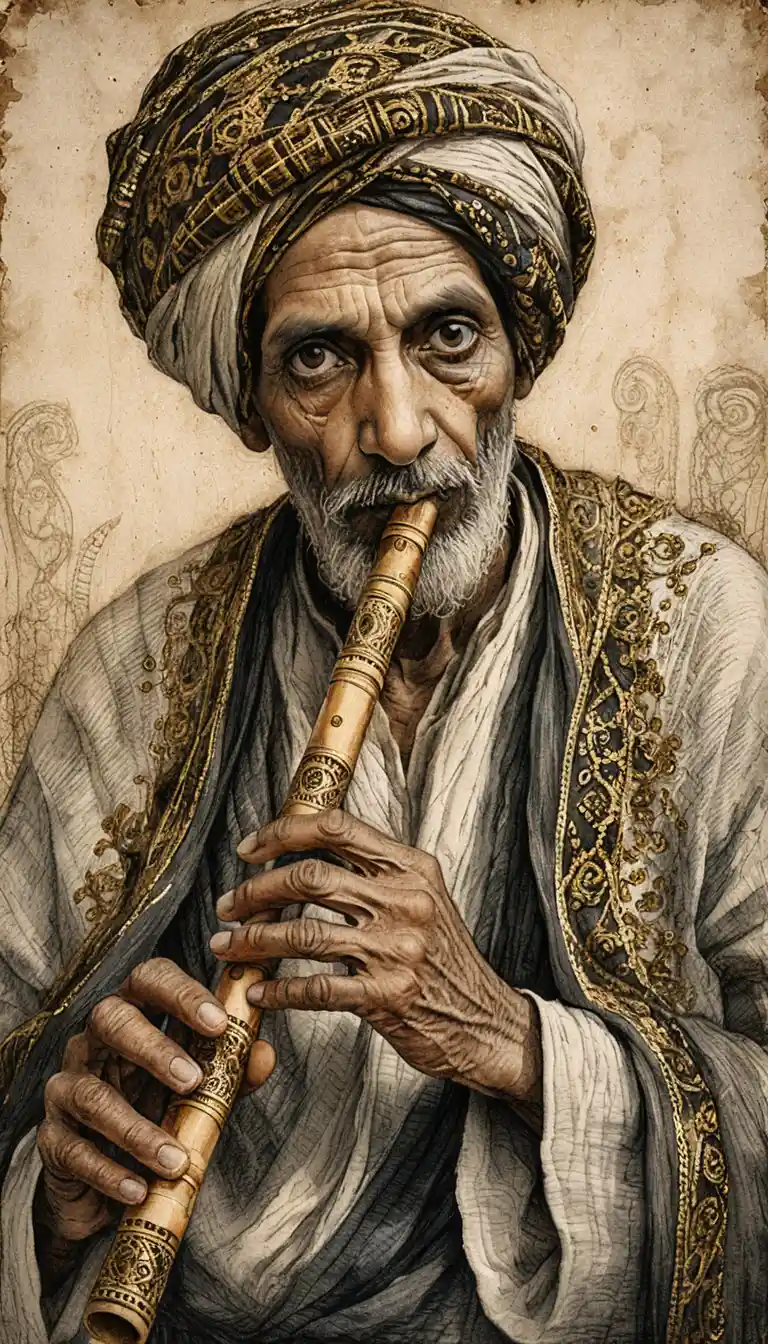 Old Egyptian man playing ornate bamboo wind instrument