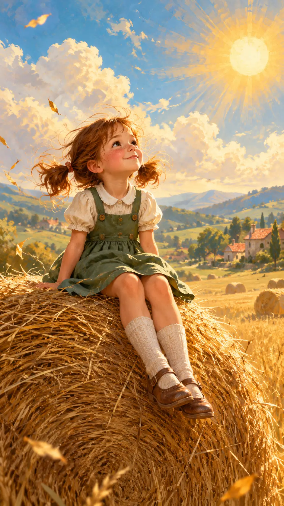 Young girl on haystack in sunny golden wheat field
