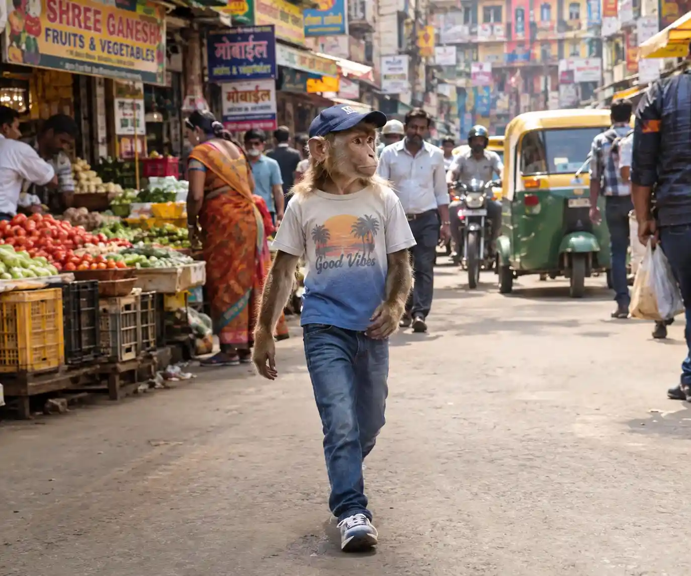 Monkey Walking Like A Human In Indian Street Market