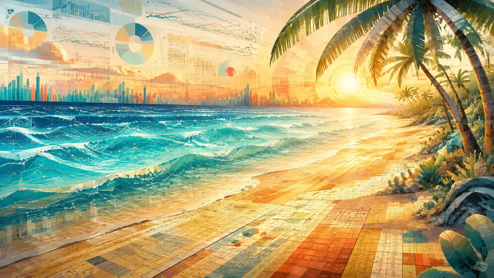 Plage cinématographique pilotée par les données à l’heure dorée avec mer turquoise