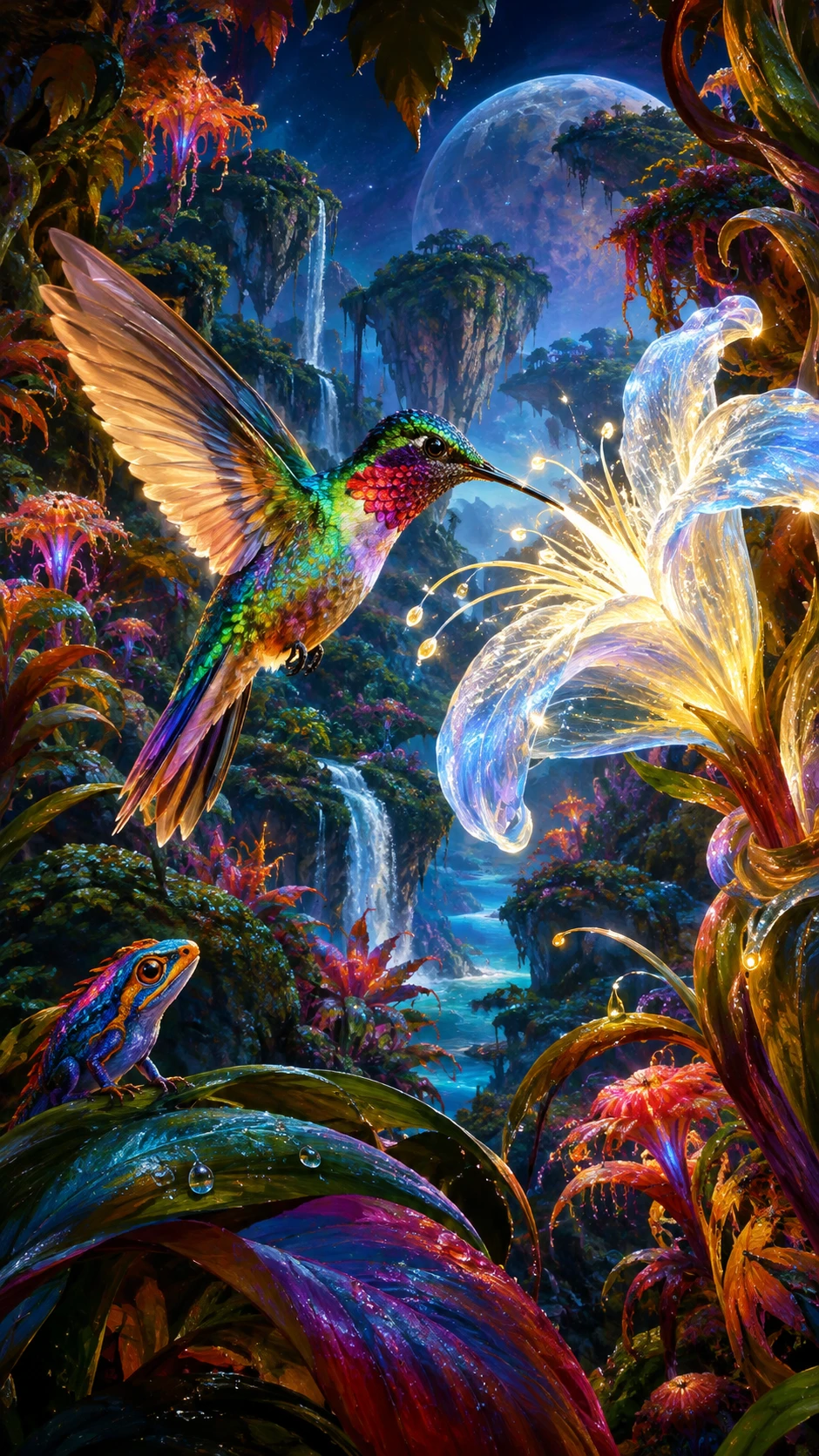 Hummingbird Drinking Moonlit Nectar In Fantasy Jungle