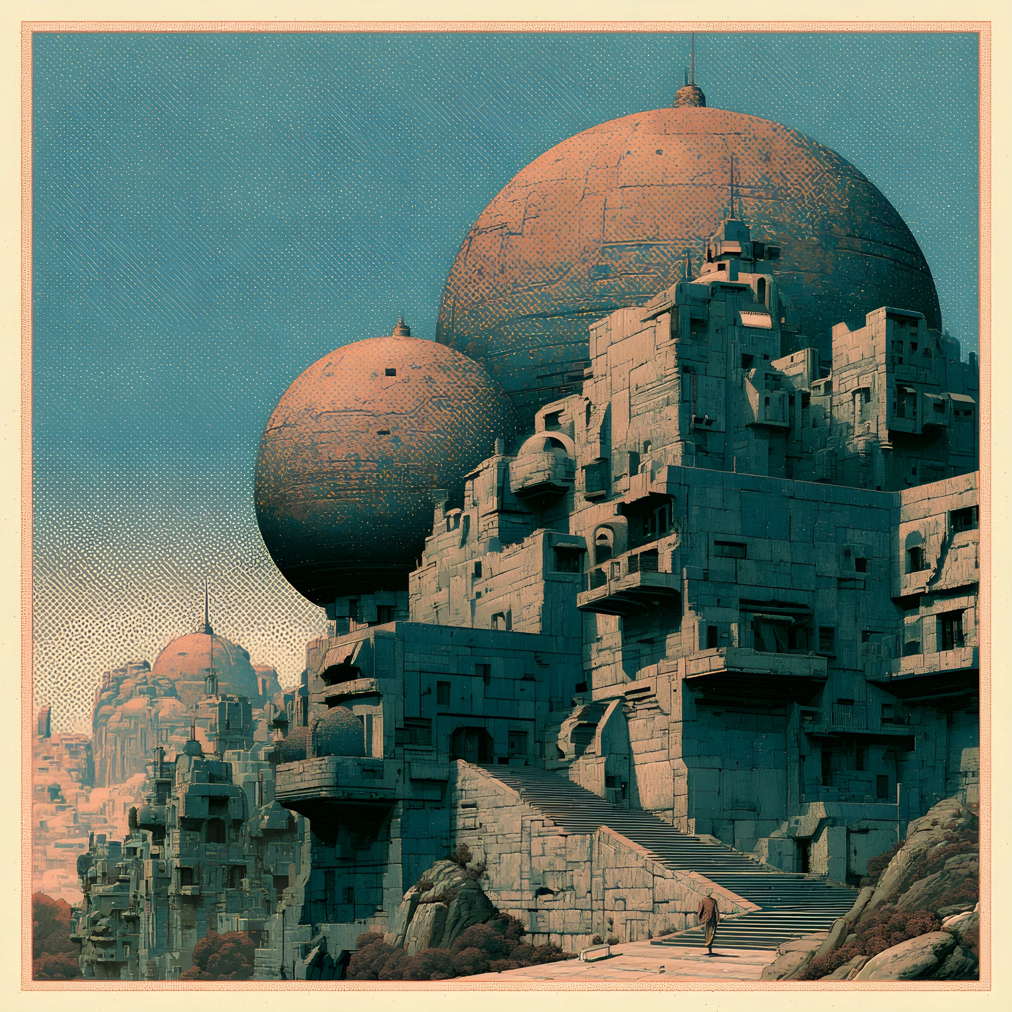 Cidade de ficção científica mid-century com prédios futuristas imponentes