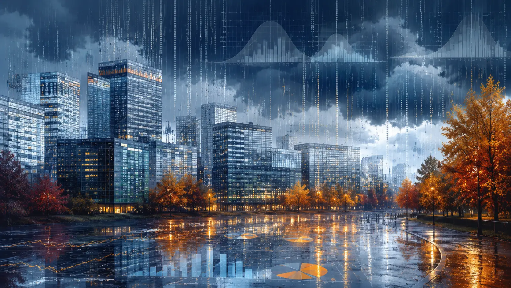 Cinematic monsoon cityscape with rain and glowing autumn trees