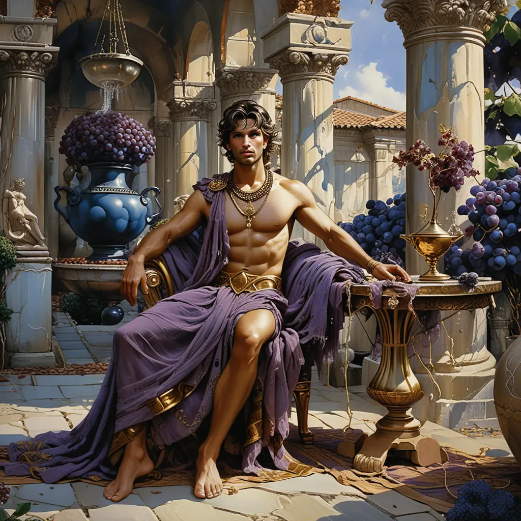 Bronzed godlike man in a luxurious mythic courtyard
