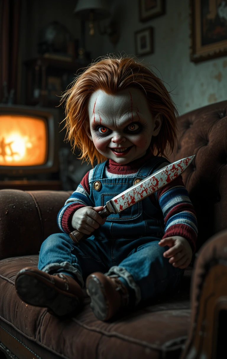 Sinister killer doll on a worn couch in dim room