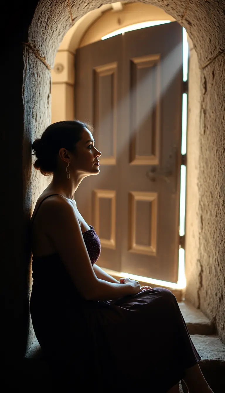 Woman seated by an old chair facing a half open door
