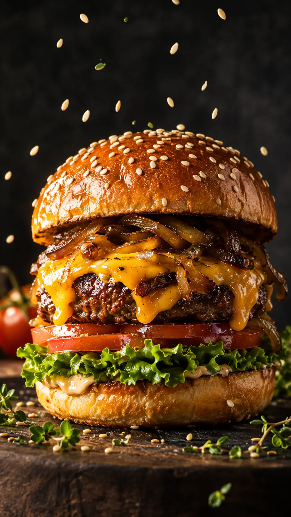 Gourmet cheeseburger stacked high in dramatic food lighting