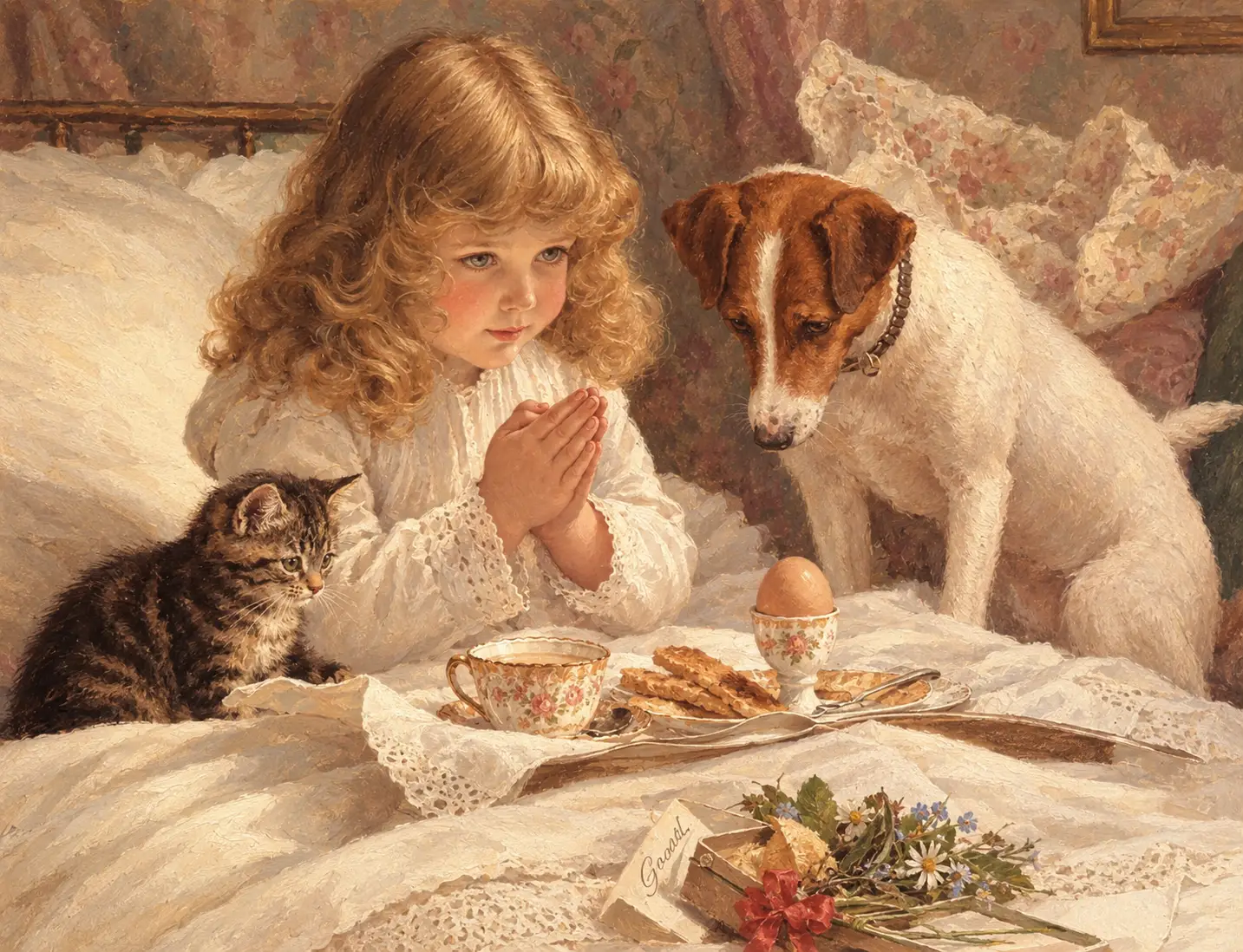 Little girl giving thanks in bed with dog and cat