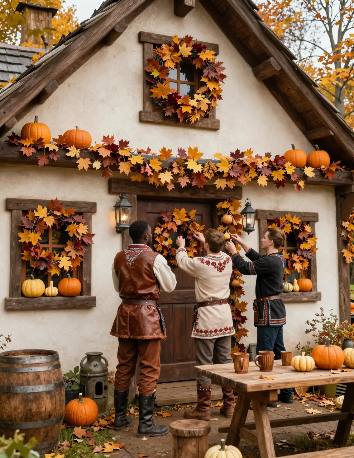 Men decorating a fantasy house with autumn garlands