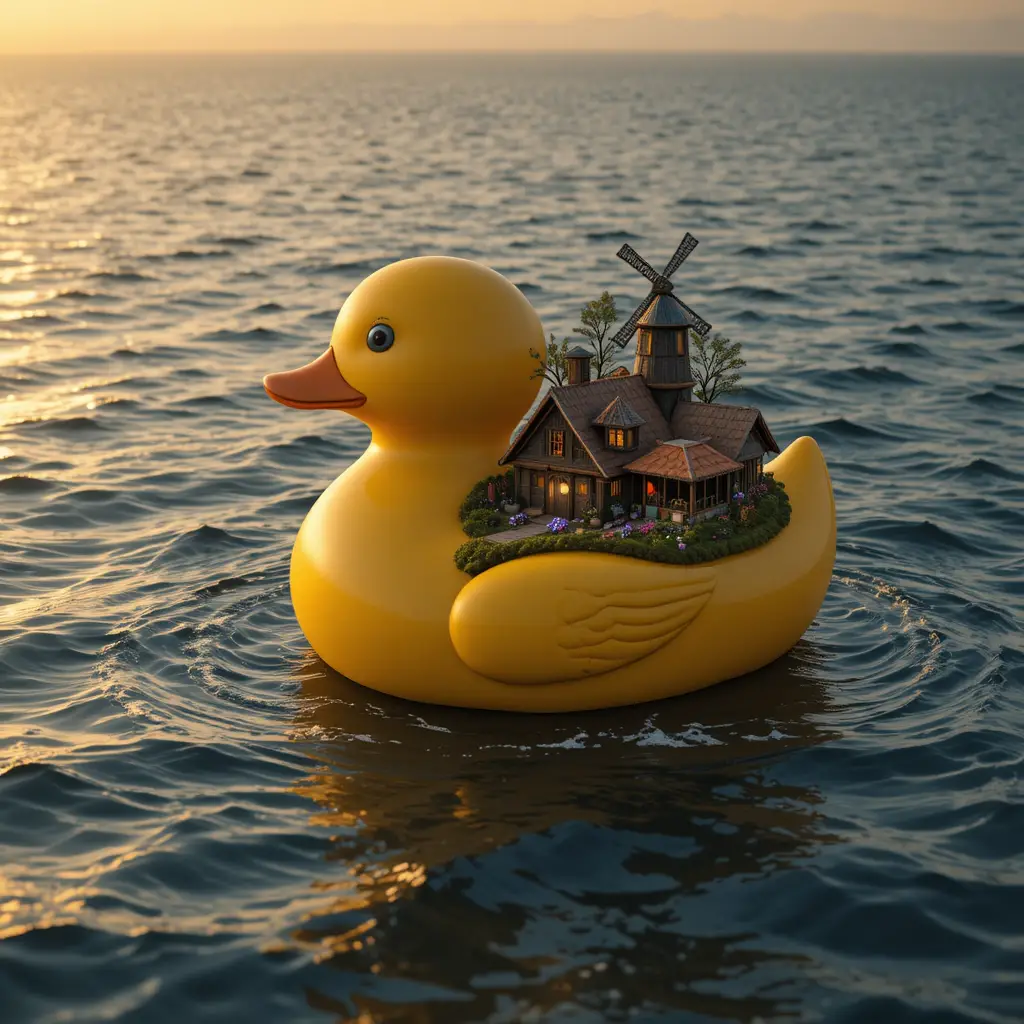 Patito de goma gigante que lleva un pequeño pueblo por el mar