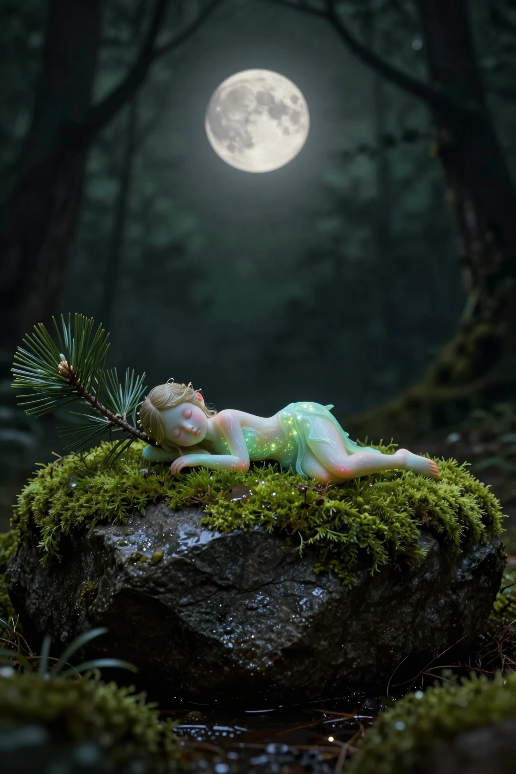 Fée bioluminescente reposant sur une pierre moussue au crépuscule