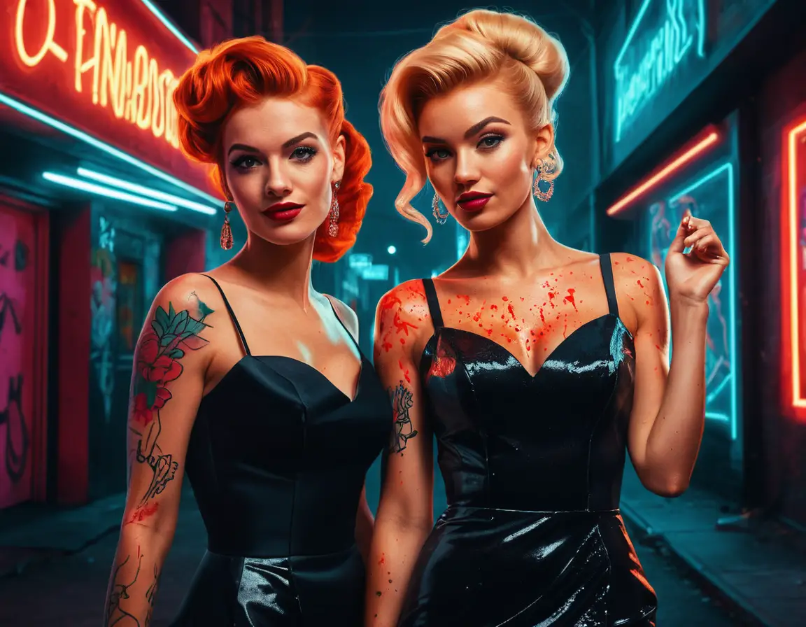 Two glamorous athletic women in neon pinup illustration