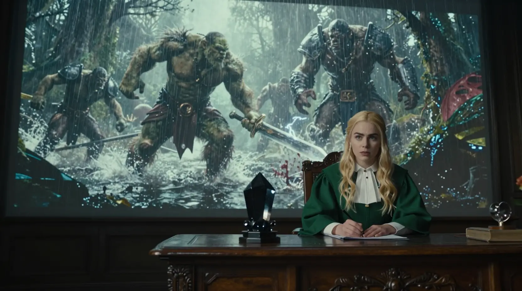 Young judge in green robe with glowing crystal