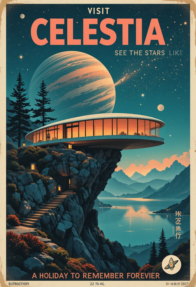 Retro space age home overlooking a distant alien world