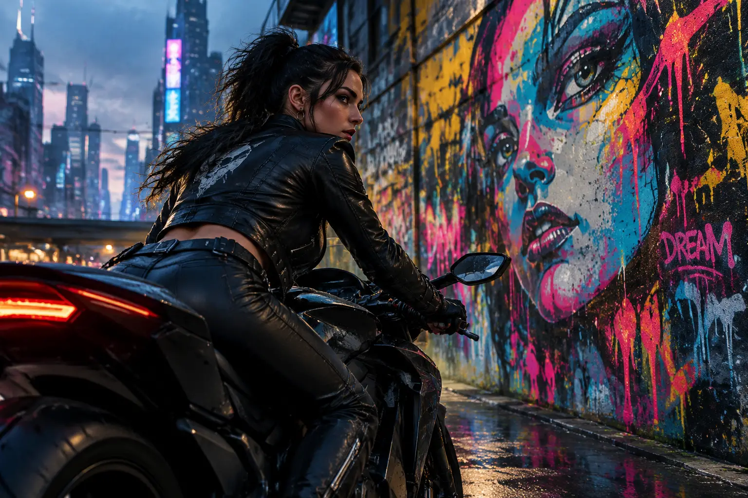 Cyberpunk woman riding motorcycle toward graffiti city wall