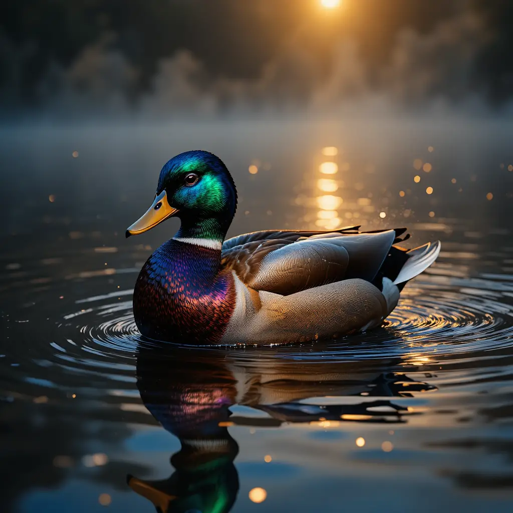 Royal duck gliding across a misty sunrise pond