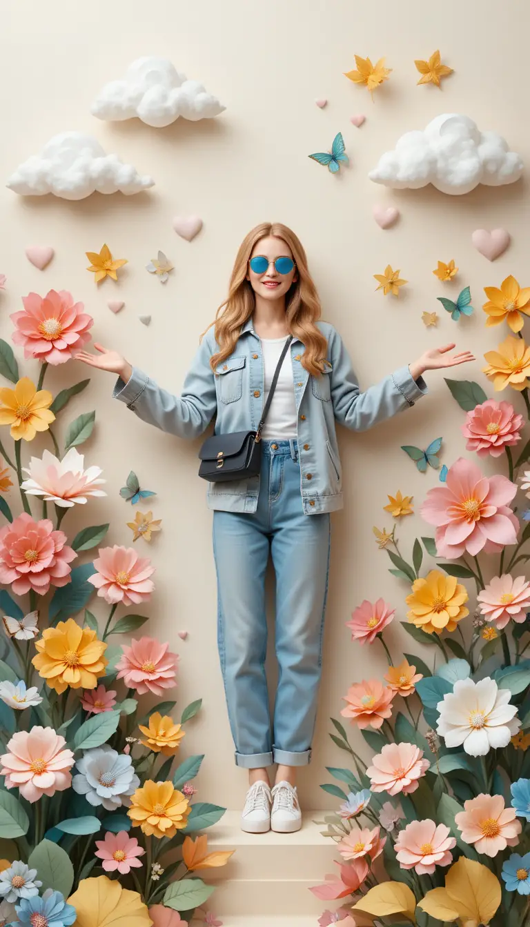 Mujer alegre en una escena de collage de jardín de papel fantasioso