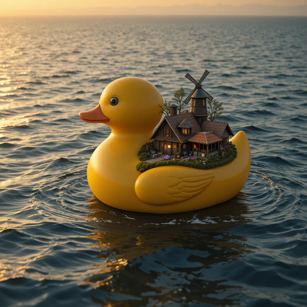 Patito de goma gigante que lleva un pequeño pueblo por el mar