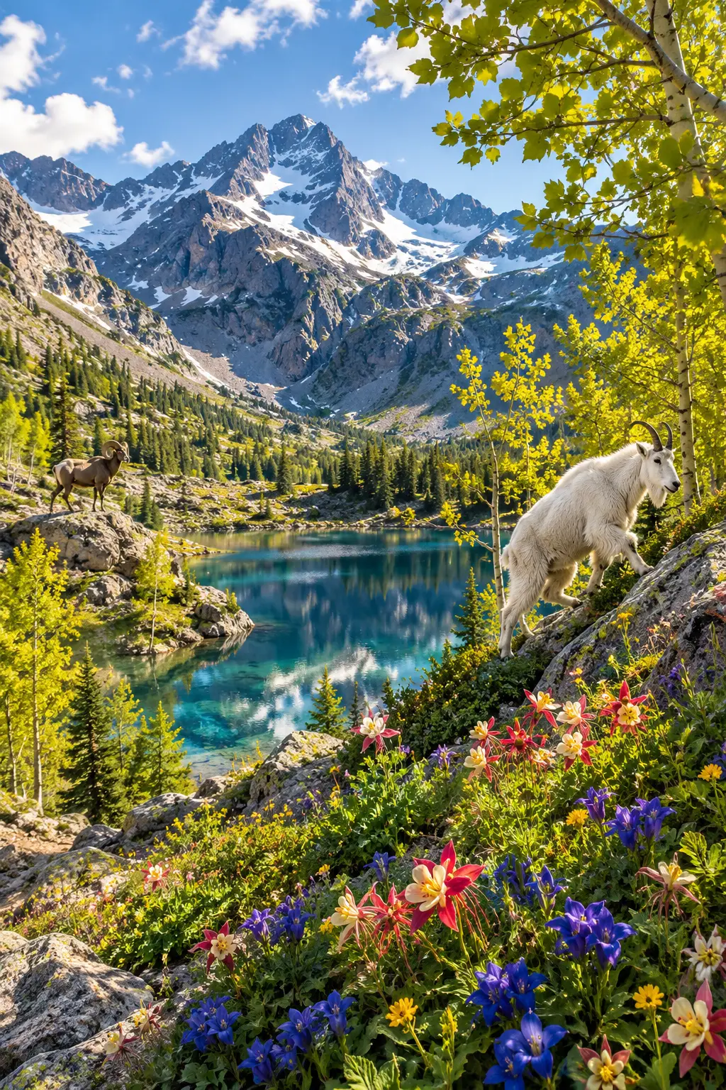 Serene alpine lake reflecting wildflowers in the Rocky Mountains