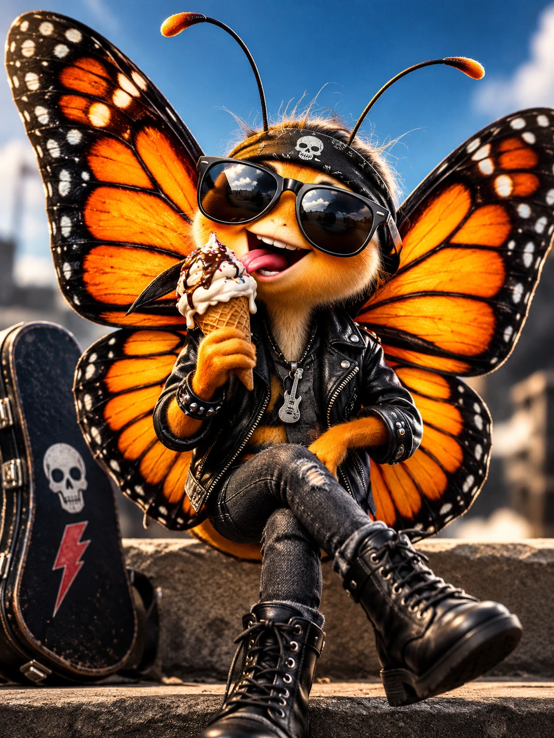 Cheerful cartoon butterfly enjoying ice cream in hipster style
