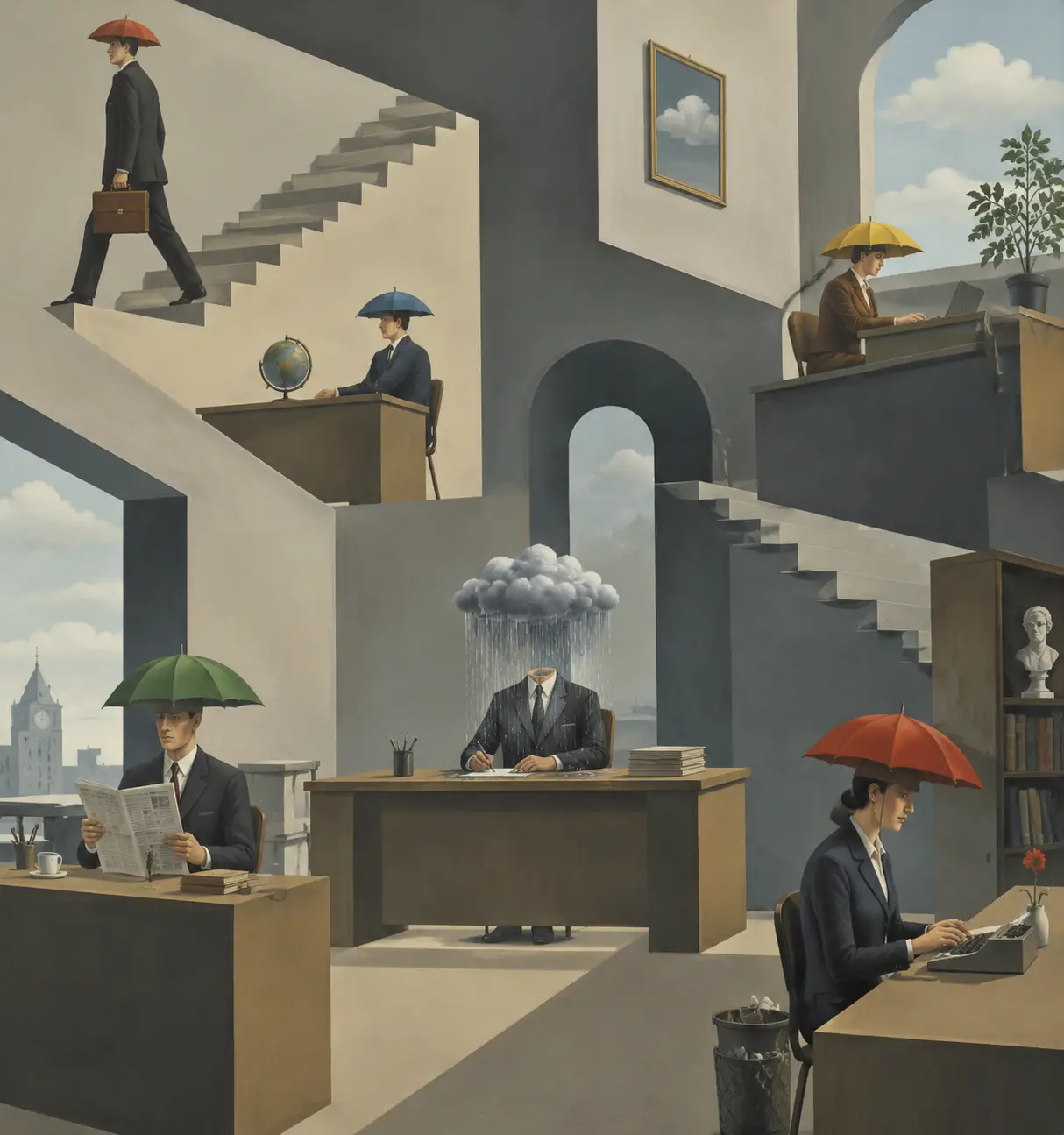 Surreal office scene with a businessman under his personal rain cloud