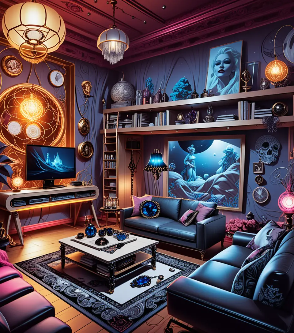 Moody 3D interior room in eclectic dark decorative style