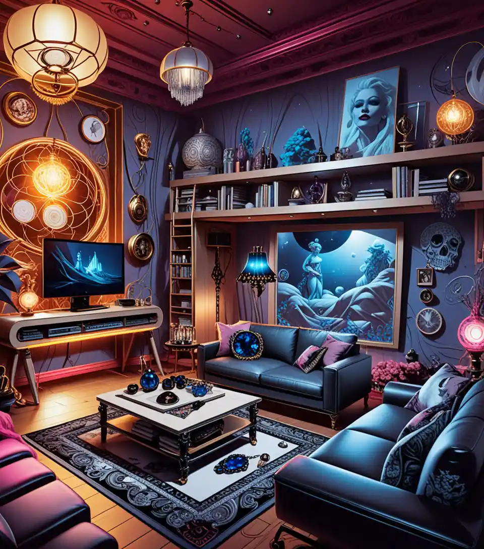 Intérieur 3D au style décoratif sombre et éclectique, à l’ambiance mystérieuse