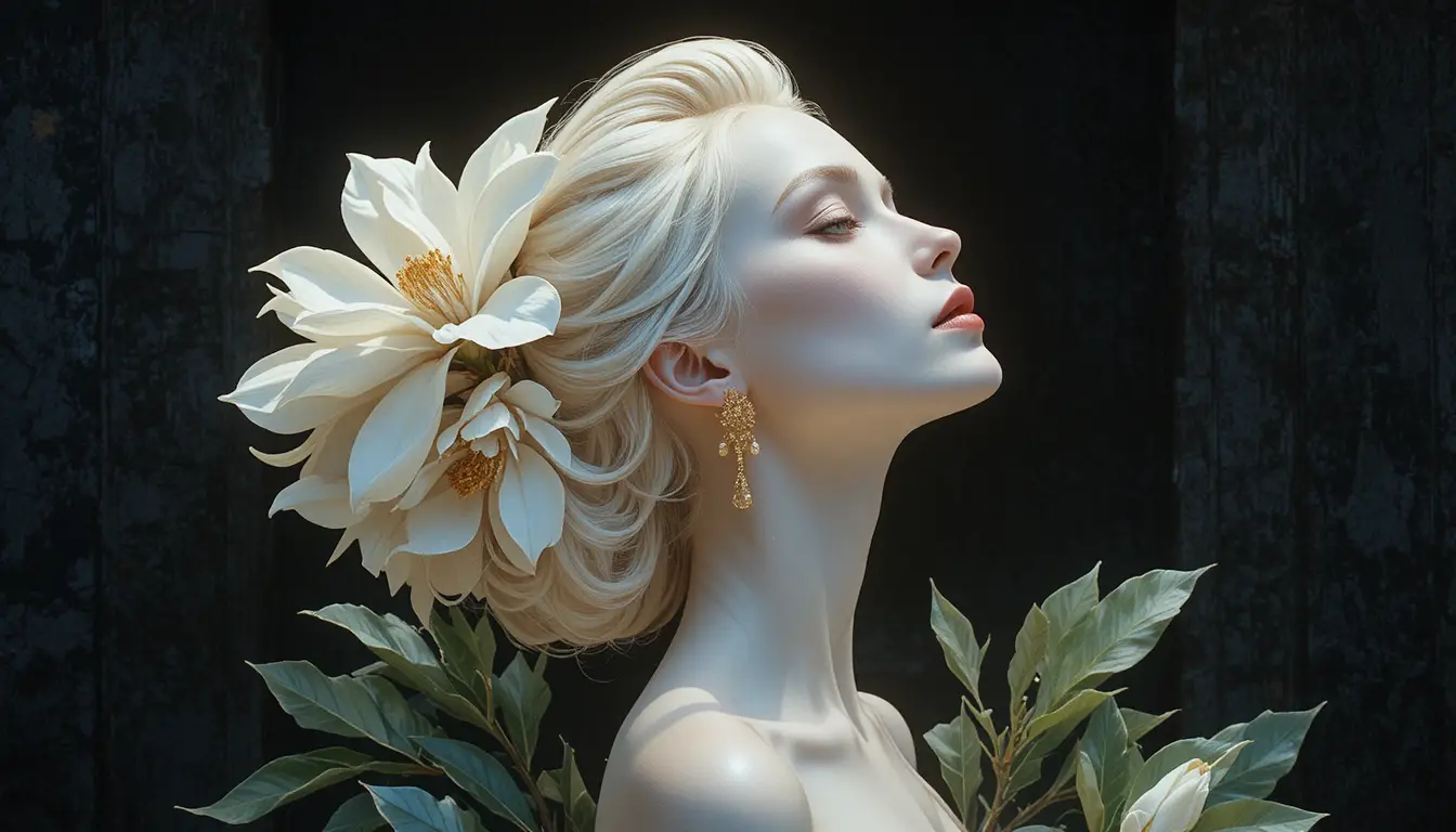 Elegant woman with white magnolias and glowing black backdrop