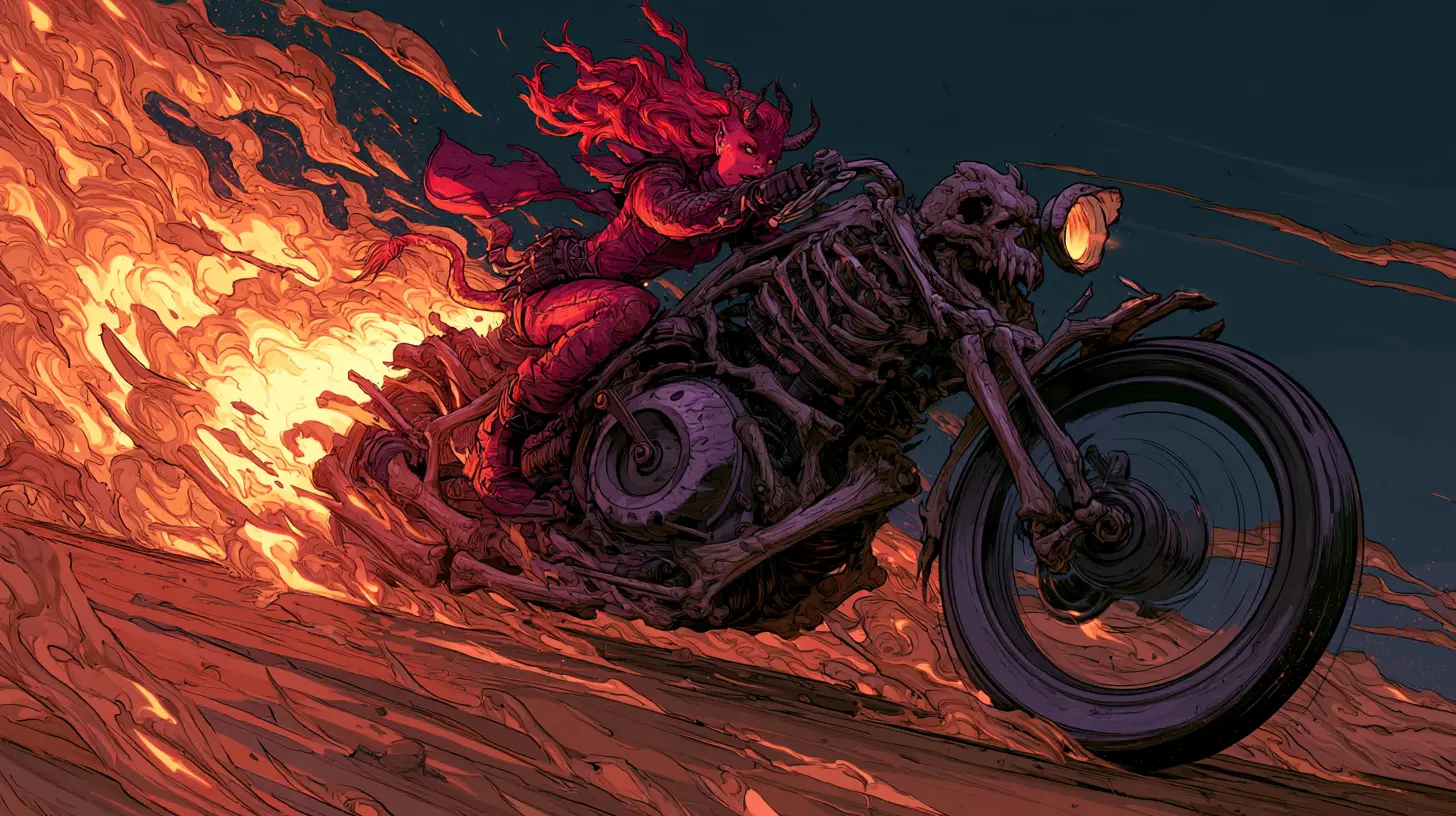 Demon biker woman racing through a fiery desert night