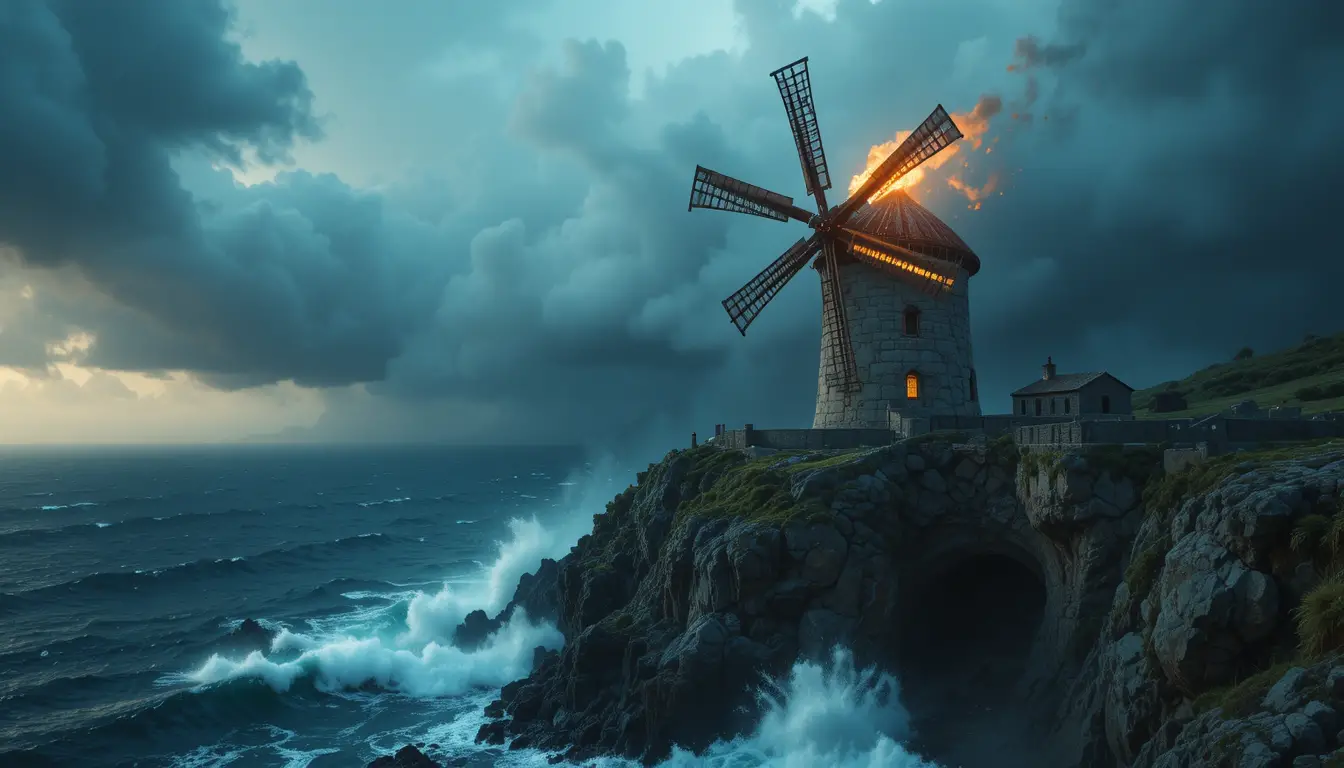 Stormy coastal windmill glowing above crashing ocean waves