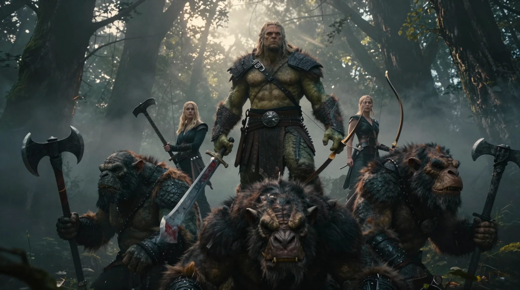 Orc warrior standing over fallen foes in misty forest