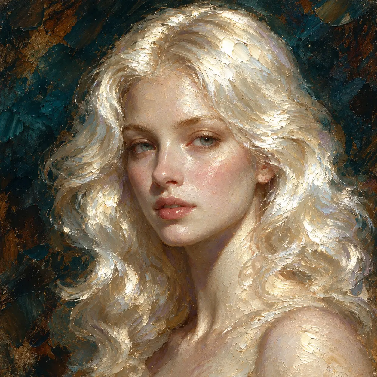 Oil portrait of a platinum haired woman in dramatic light