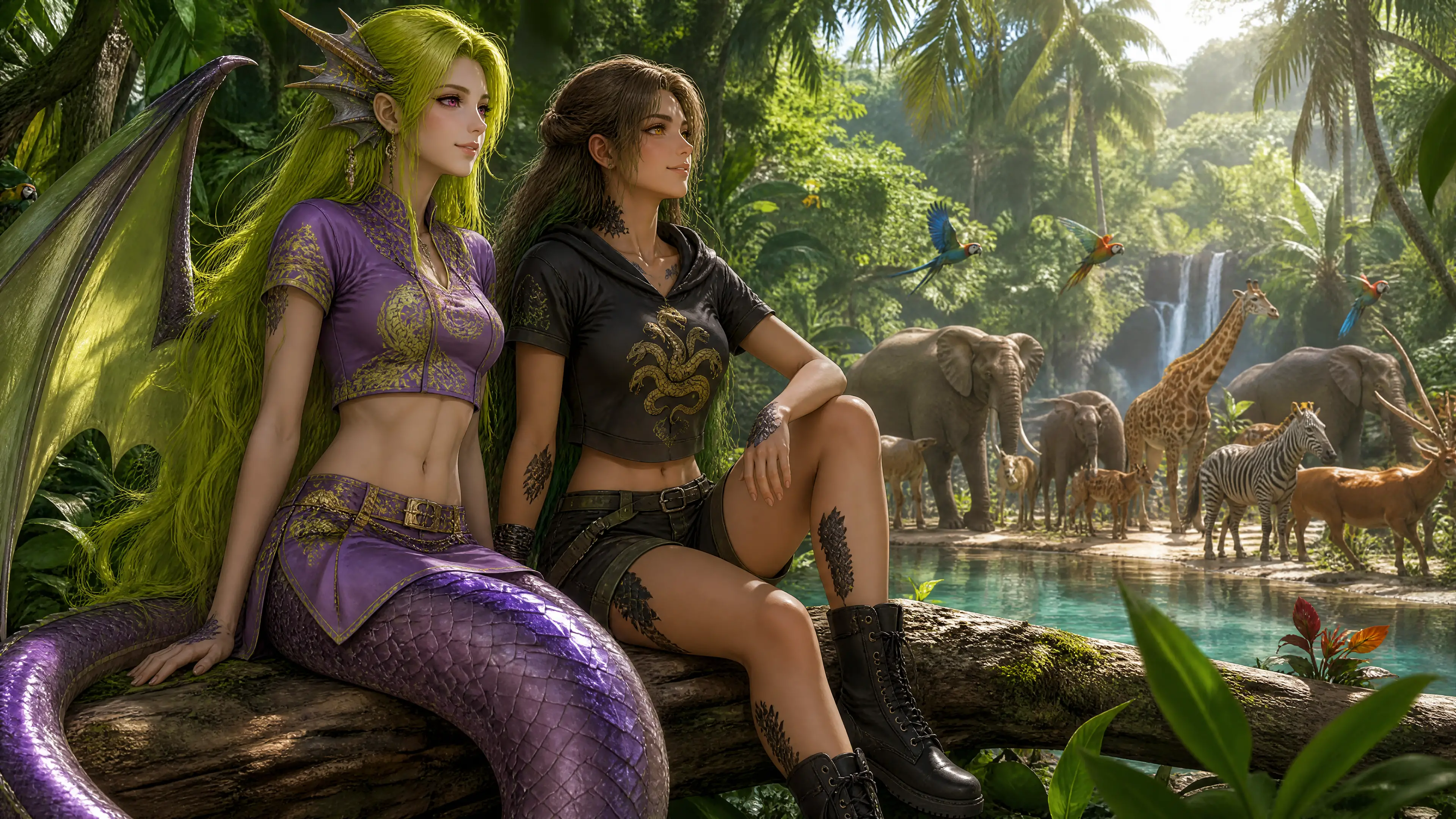 Two fantasy wives resting together in a tropical jungle