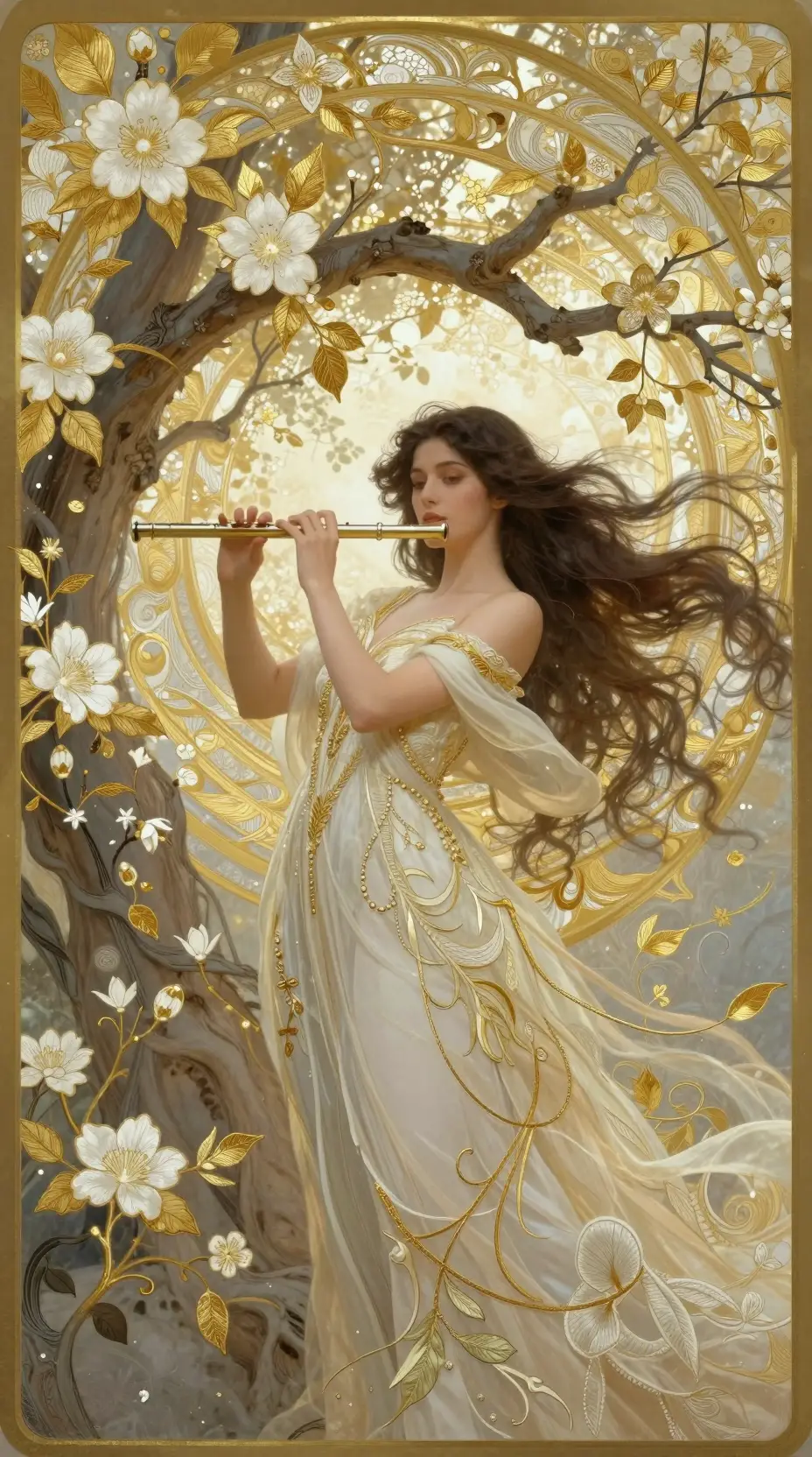 Elegant woman playing flute beneath a flowering tree