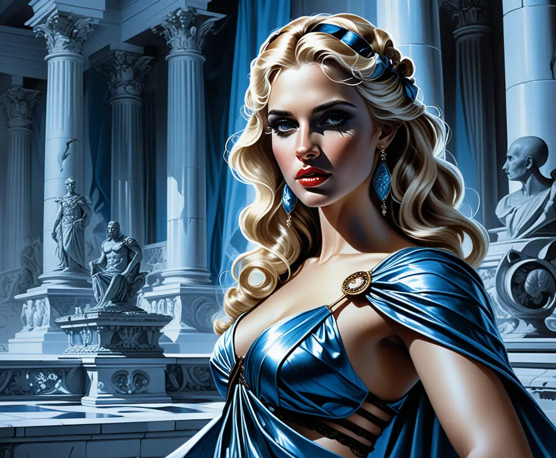 Blonde noble woman in toga before a Roman palace