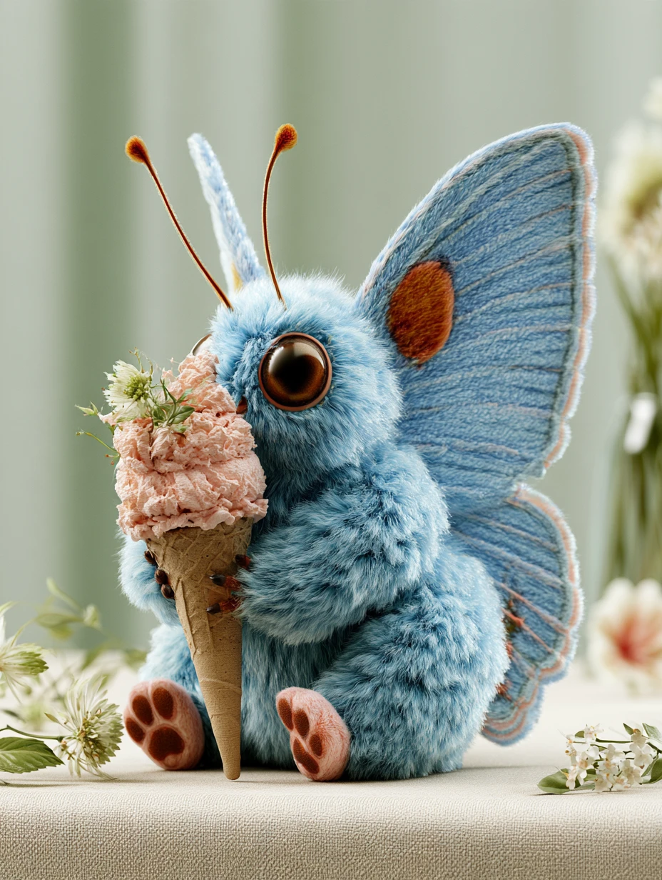 Cute anthropomorphic butterfly happily eating an ice cream