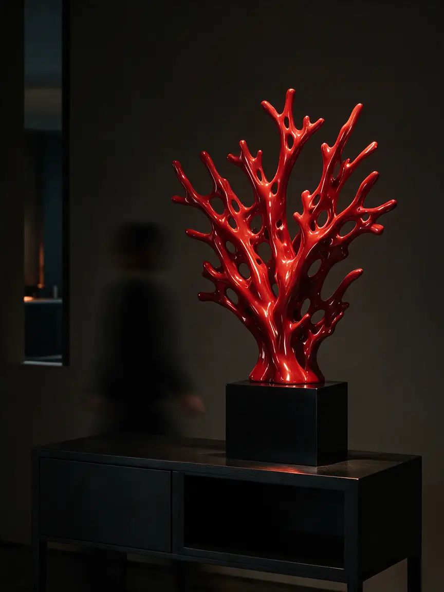 Blurred figure near glossy red sculpture in dim interior