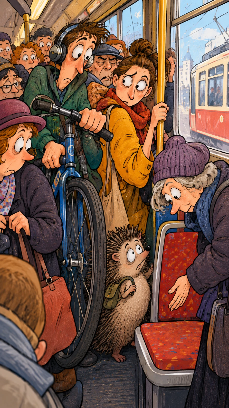 Humorous cartoon tram packed with passengers and a bicycle