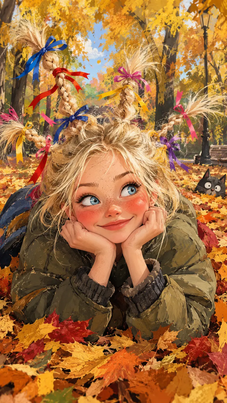 Playful girl with messy braids lying in autumn leaves