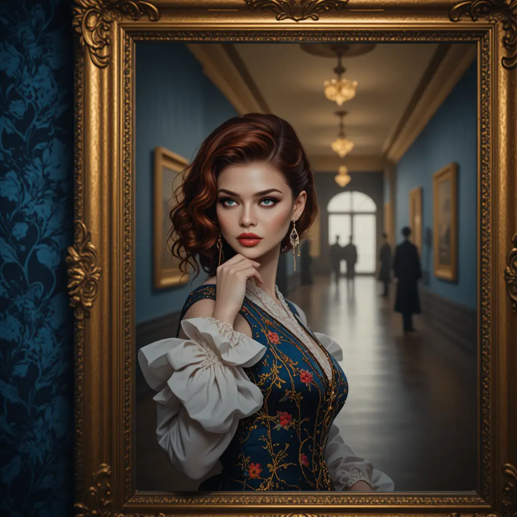 Red haired woman in gilded frame in a rich gallery
