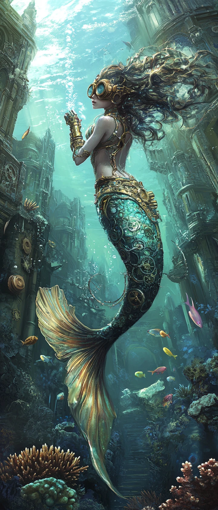 Steampunk mermaid in a glowing underwater clockwork city