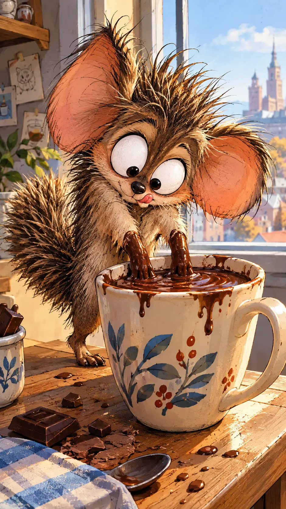 Shaggy chocolate creature playing in a cup of coffee