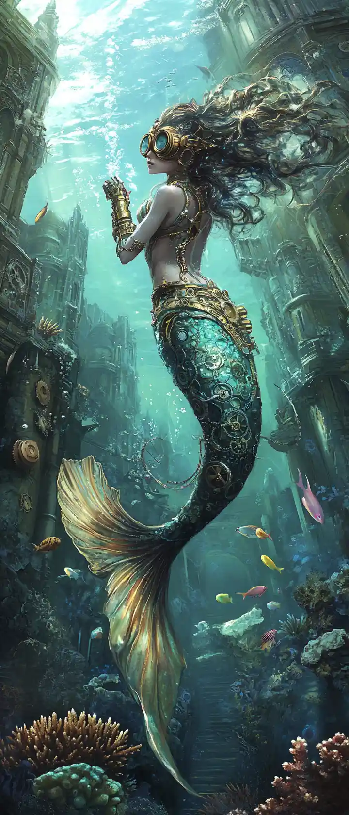 Steampunk mermaid in a glowing underwater clockwork city