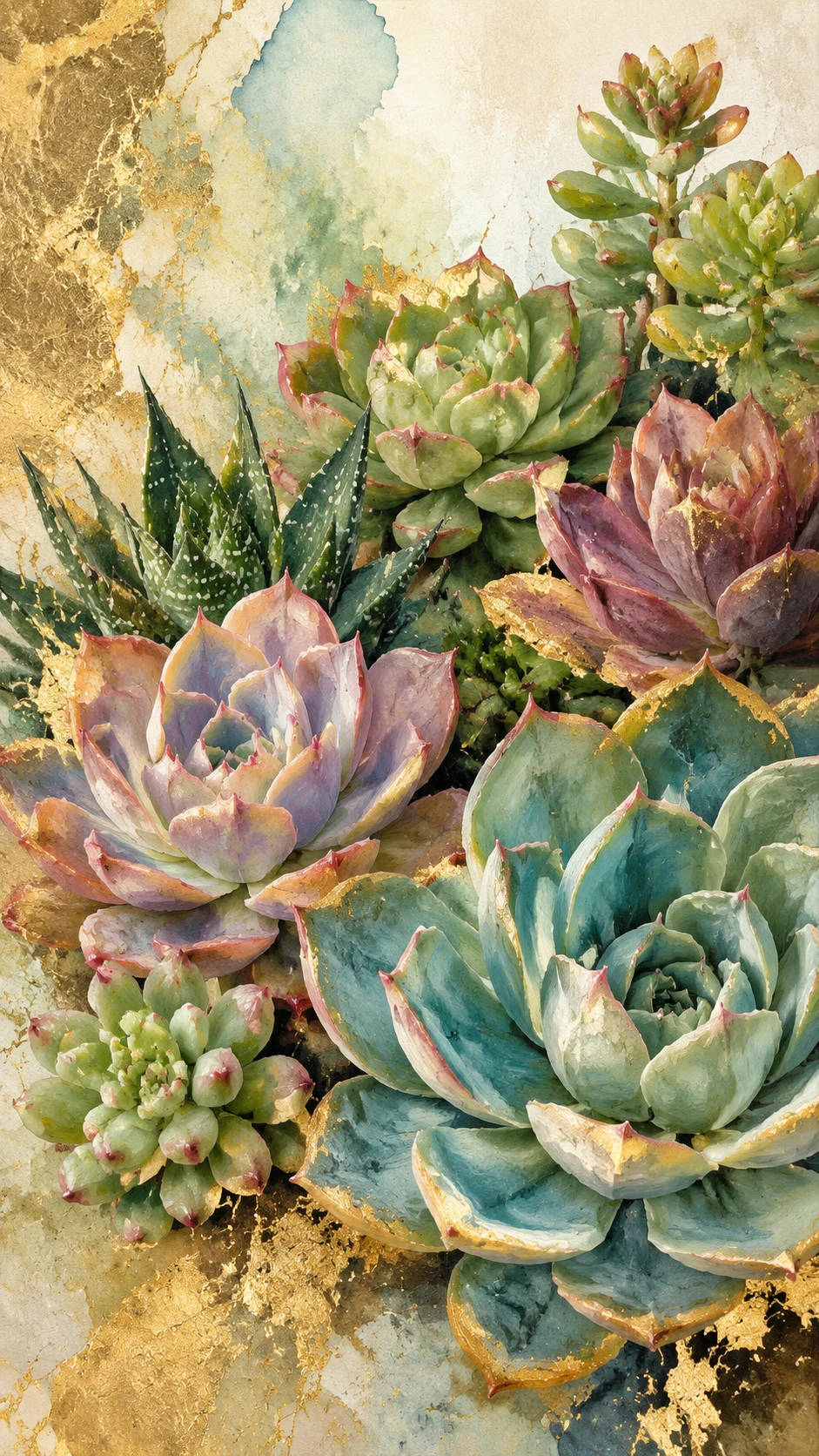 Colorful succulents painted in watercolor and oil fine art