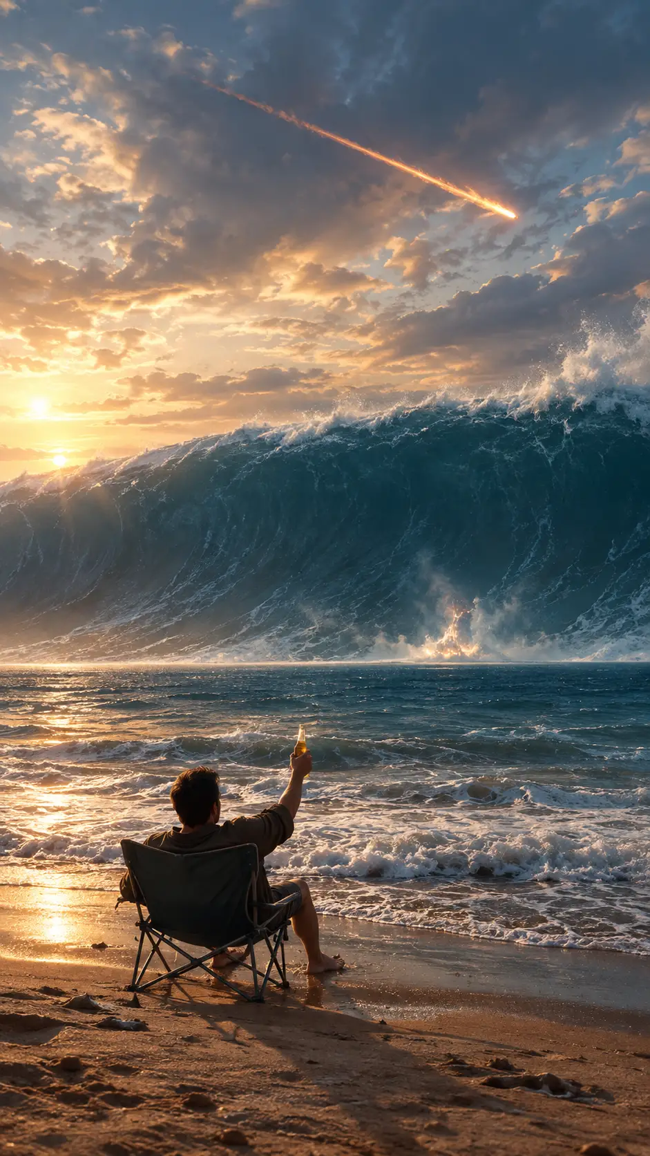 Man on deserted beach raising a final toast to sea