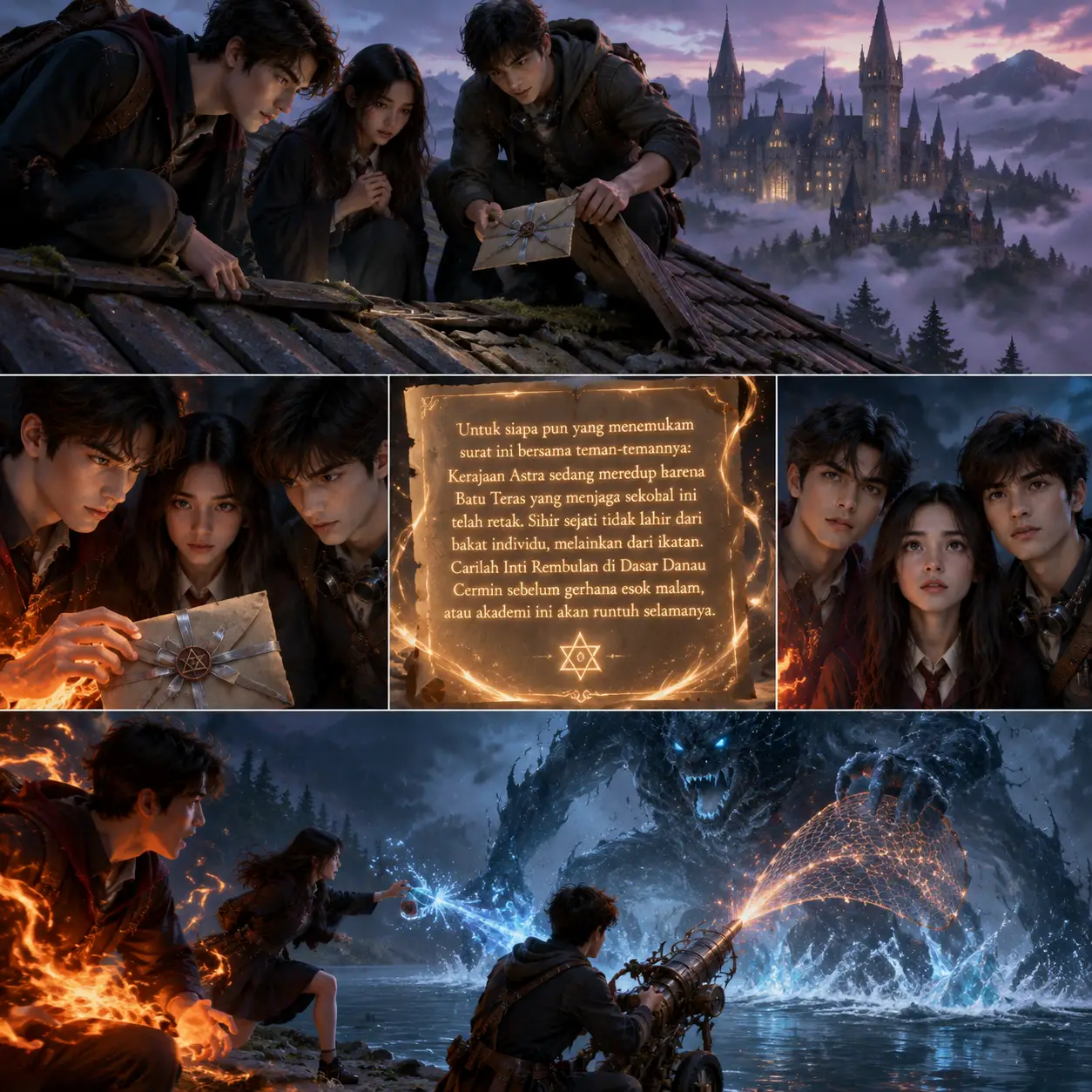Three friends on a hidden rooftop of a magical academy