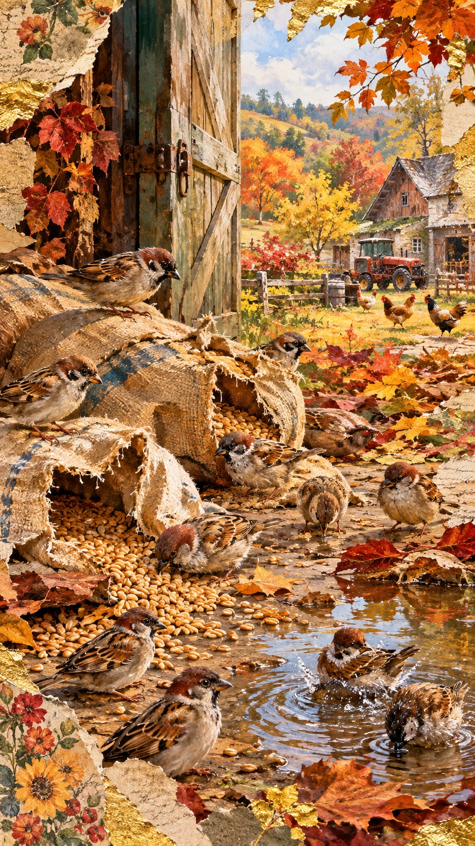 Sparrows feeding on spilled wheat by an open barn door