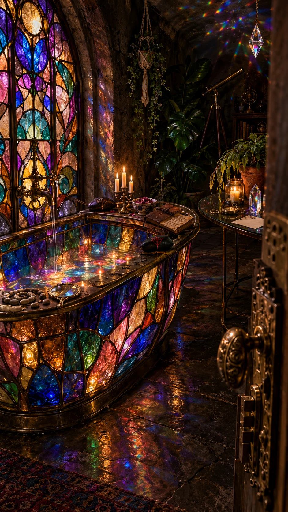 Stained glass bathtub in a dim subterranean sanctuary bathroom