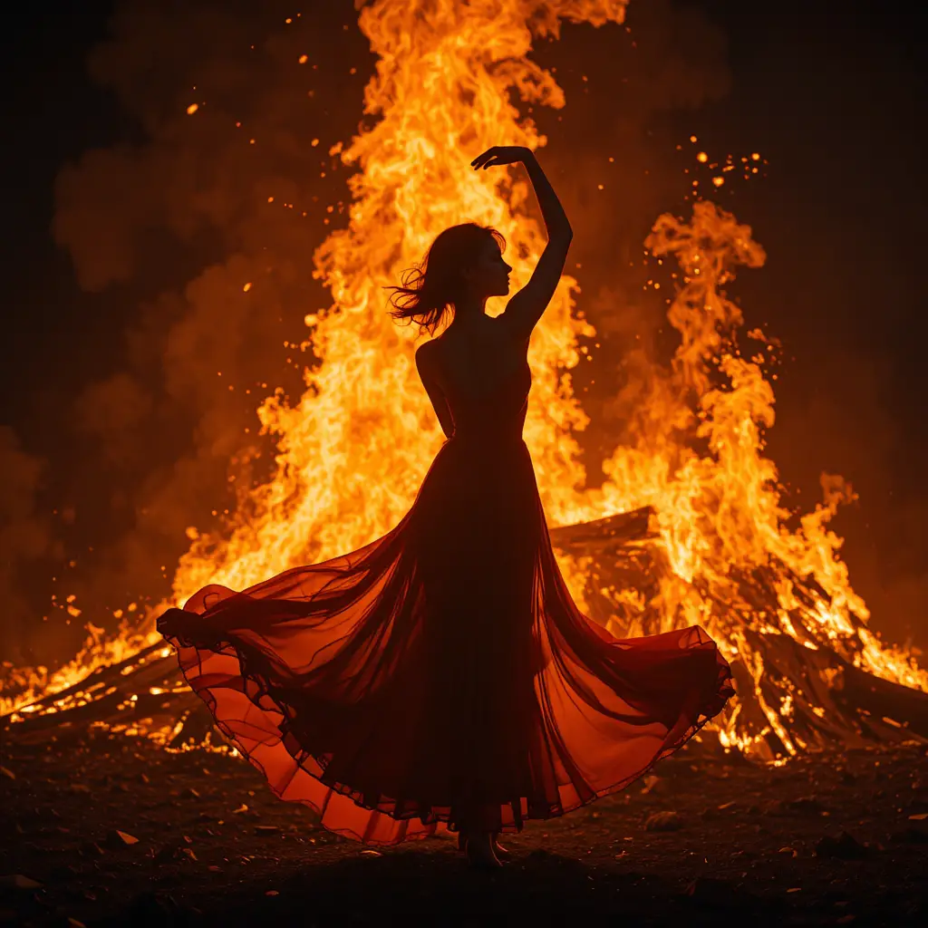 Silhouette of a dancing woman before a roaring bonfire