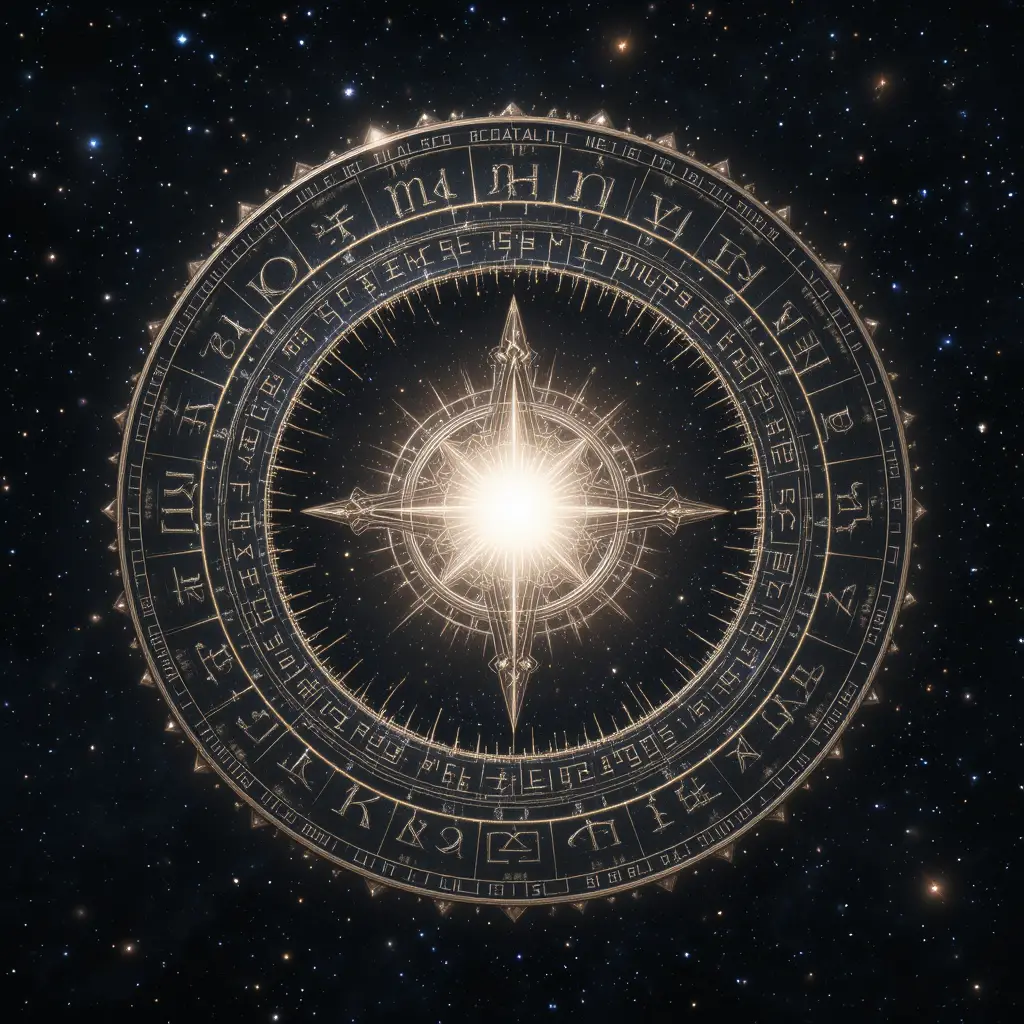 Cercle magique lumineux entouré de runes dans l’espace étoilé